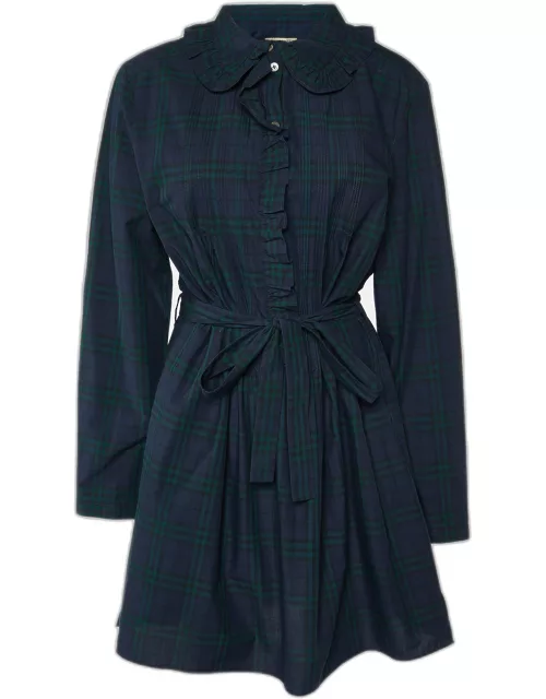Burberry Navy Blue/Green Plaid Check Cotton Belted Dress