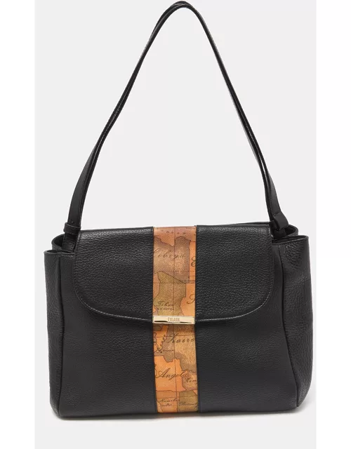 Alviero Martini 1A Classe Black/Tan Geo Print Coated Canvas and Leather Shoulder Bag