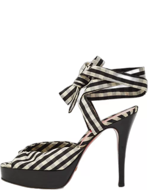 Dolce & Gabbana Black/White Plaid Fabric Platform Ankle Tie Sandal