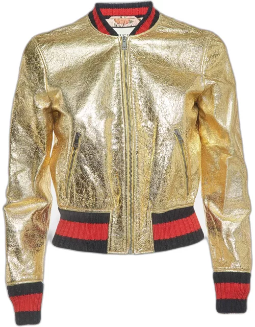 Gucci Gold Crinkled Leather Bomber Jacket