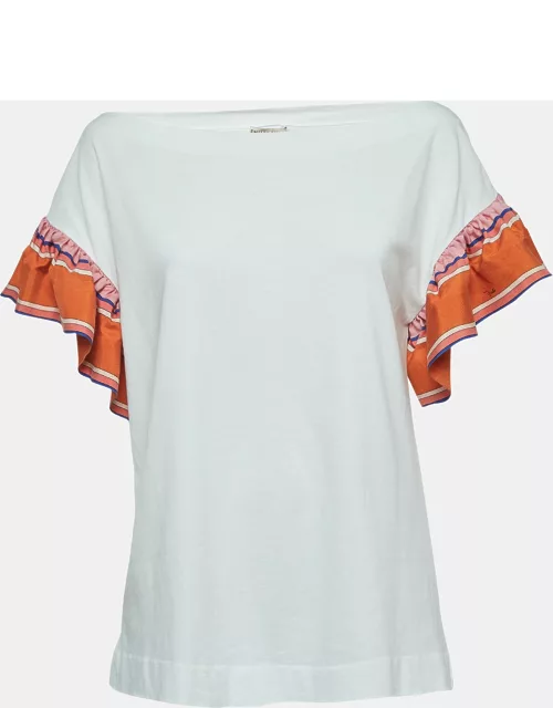 Emilio Pucci White Cotton Knit Contrast Flutter Sleeve T-Shirt