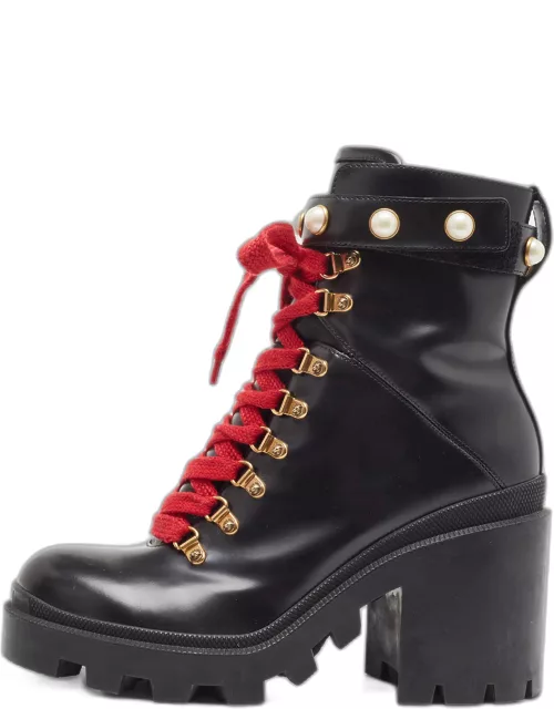 Gucci Black Leather Faux Pearl Embellished Ankle Boot