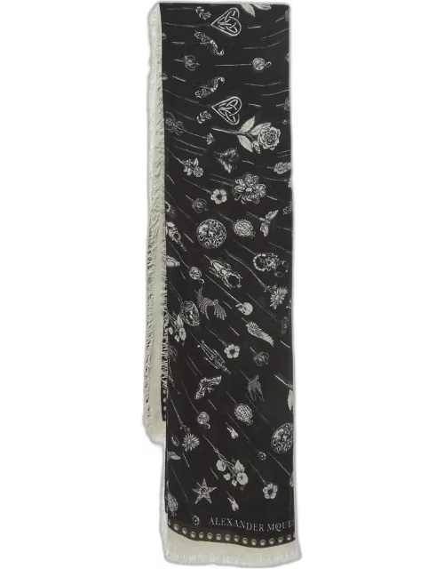 Alexander McQueen Black Butterfly Skull Print Modal and Wool Scarf