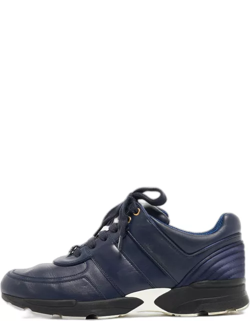 Chanel Navy Blue Leather and Satin CC Low Top Sneaker