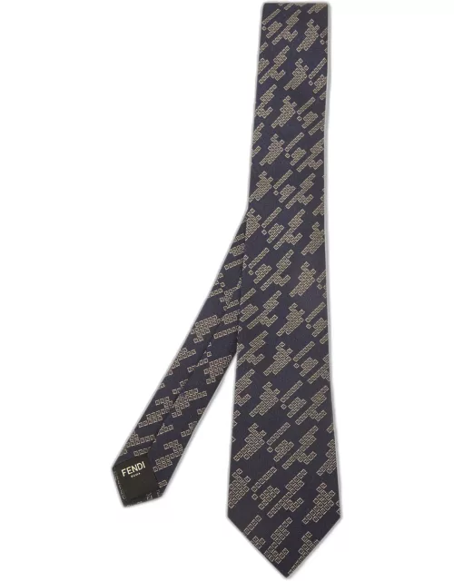 Fendi Navy Blue Patterned Silk Skinny Tie
