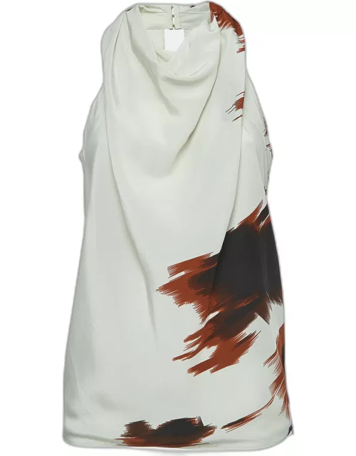 Gucci Off-White Printed Silk Cowl Neck Open Back Top