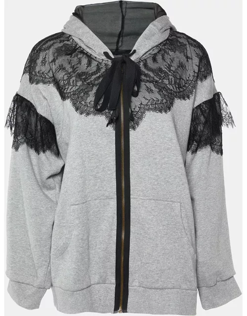 RED Valentino Grey Cotton Lace Trim Hooded Zip Up Jacket
