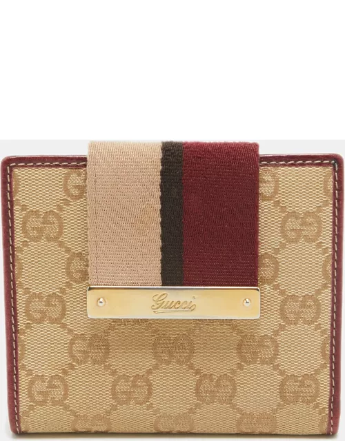 Gucci Beige/Burgundy GG Canvas and Leather Web Flap French Wallet