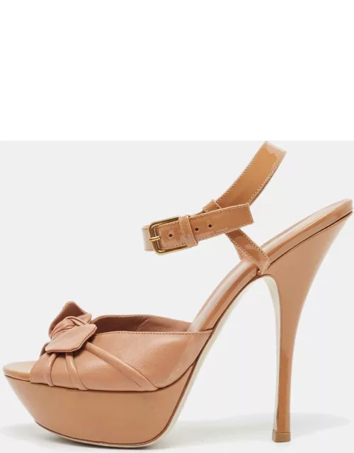 Saint Laurent Brown Leather and Patent Ankle Strap Sandal