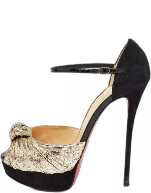 Christian Louboutin Gold/Black Suede and Leather Ankle Strap Louboutin Sandal