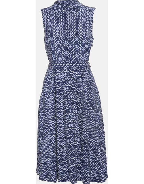 Diane Von Furstenberg Blue Printed Silk Belted Mid Dress