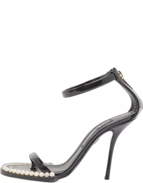 Dolce & Gabbana Black Patent Ankle Strap Pear Embellished Sandal