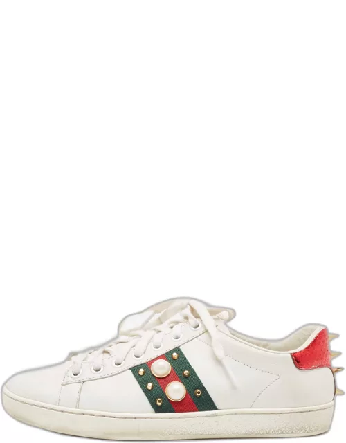 Gucci White Leather Pearl Ace Low Top Sneaker