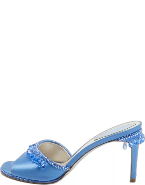 René Caovilla Blue Satin Crystal Embellished Slide Sandal