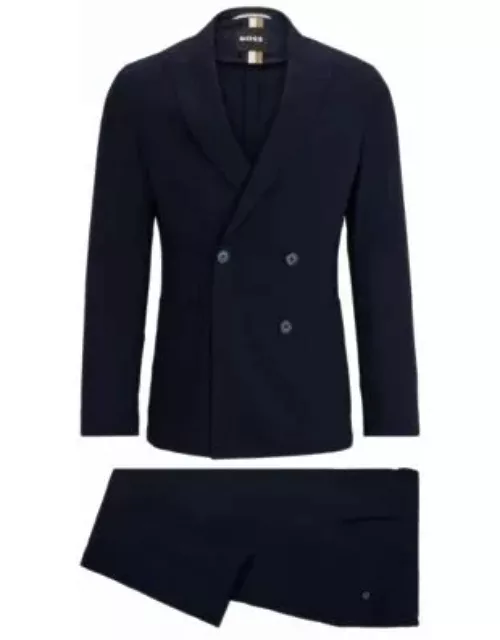 Double-breasted slim-fit suit in virgin wool- Dark Blue Men's Business Suit