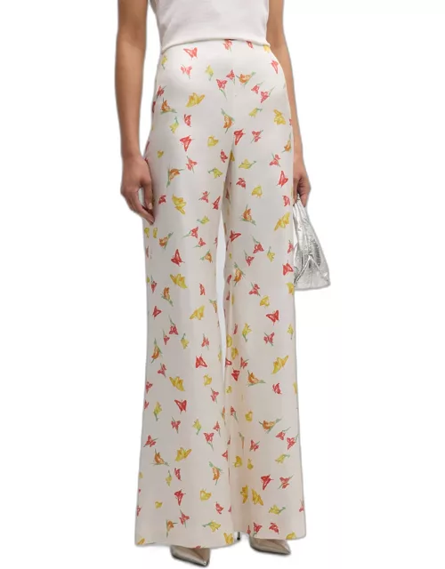 Luc High-Rise Butterfly-Print Wide-Leg Silk Palazzo Pant