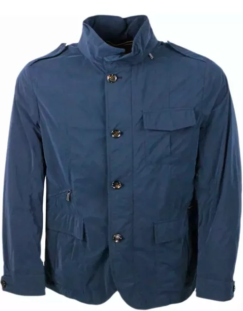 Moorer Lightweight Windproof Field Jacket Model In Technical Fabric With Concealed Hood And Zip And Button Closure