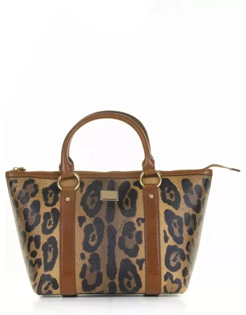 Dolce & Gabbana Leopard Leather Shopping Bag With Logo Plate