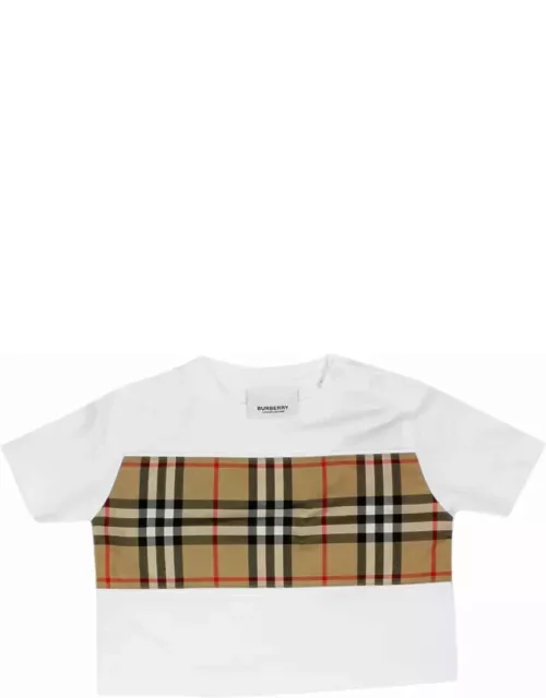 Burberry Crew Neck T-shirt With Buttons On The Neck In Cotton Jersey With Classic Check Motif Application On The Front