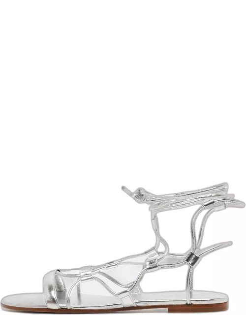 Gianvito Rossi Silver Leather Ankle Wrap Flat Sandal