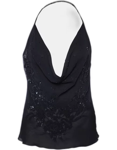 Valentino Black Silk Floral Embellished Camisole Top