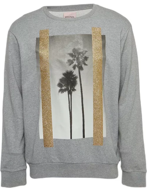 Palm Angels Grey Palm Trees Glitter Print Cotton Knit Sweatshirt