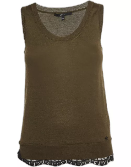 Gucci Olive Green Knit Lace Trimmed Sleeveless Top