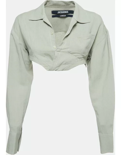 Jacquemus Green Linen Blend Asymmetric Crop Shirt
