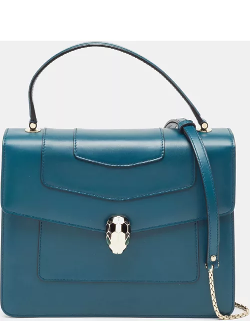 Bvlgari Teal Blue Leather Medium Serpenti Forever Top Handle Bag