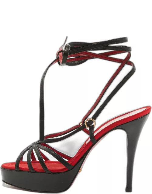 Dolce & Gabbana Red/Black Leather Lace Up Sandal