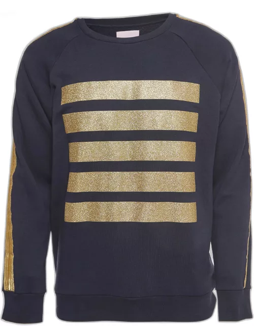 Palm Angels Navy Blue/ Gold Glitter Stripe Cotton Long Sleeve Sweatshirt
