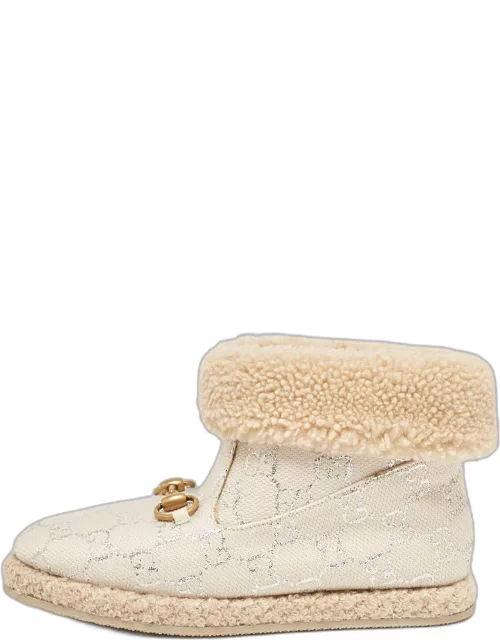 Gucci Cream/Silver Canvas and Shearling Fria Horsebit Ankle Boot