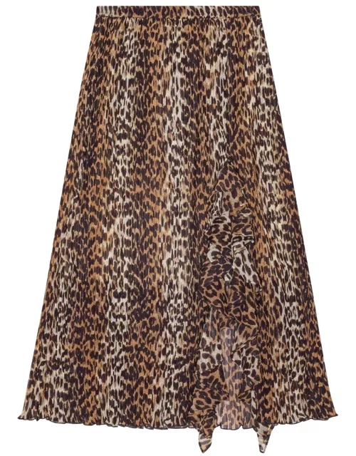 GANNI Pleated Flounce Leopard Skirt - Almond Milk