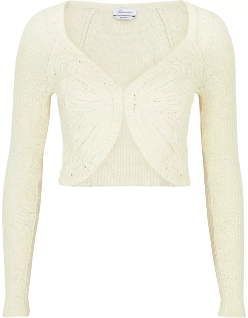 Blumarine Butterfly Cropped Cotton-blend Cardigan - Off White - L (UK14 / L)