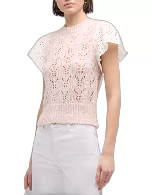 Everly Pointelle Knit Flutter-Sleeve Sweater