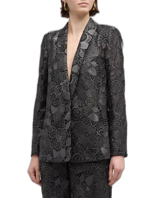 Shawl-Collar Metallic Floral Lace Jacket