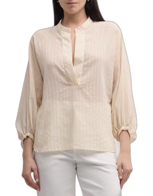 Blouson-Sleeve Textured Striped Cotton Shirt