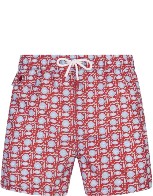 Kiton Red Swim Shorts With Fish Pattern