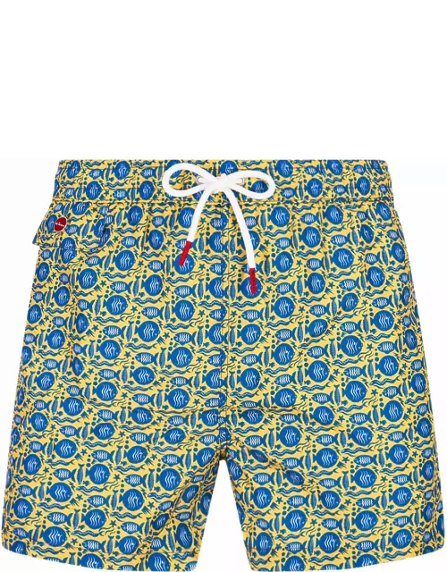 Kiton Yellow Swim Shorts With Fish Pattern