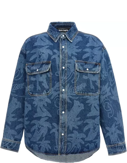Palm Angels Overshirt In Denim With Laser Print All-over