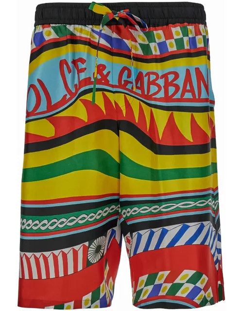 Dolce & Gabbana Multicolor Shorts With All-over Carretto Print In Silk Man