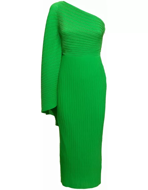 Solace London lenna Midi Green One-shoulder Dress In Pleated Fabric Woman