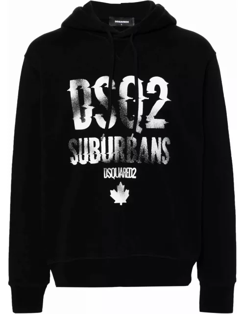 Dsquared2 Black Hoodie With Logo Print In Cotton Man