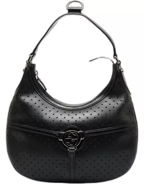 Gucci Black Peforated Leather Interlocking G Reins Hobo Bag