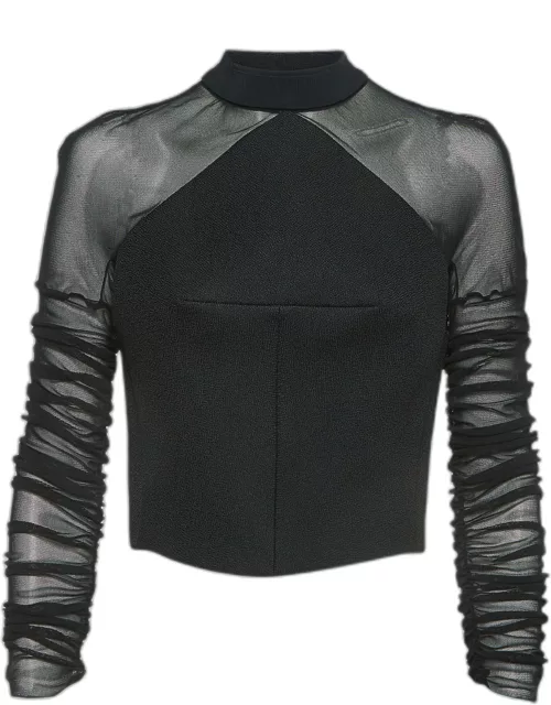 Balenciaga Black Synthetic and Mesh Ruched Sleeve Top