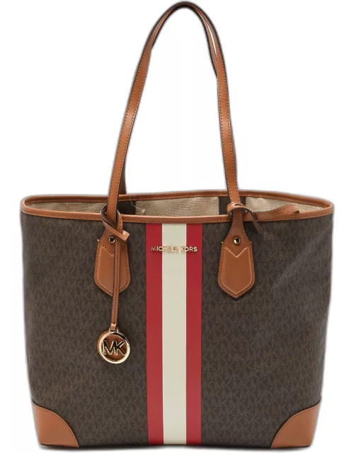 Michael Kors Brown Signature Coated Canvas and Leather Large Logo Stripe Eva Tote