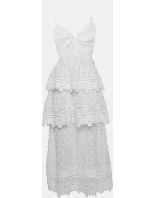 Self-Portrait White Ivy Lace Trim Cotton Shoulder Strap Tiered Maxi Dress