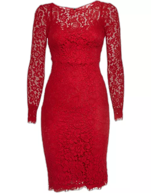 Dolce & Gabbana Red Floral Pattern Lace Long Sleeve Midi Dress