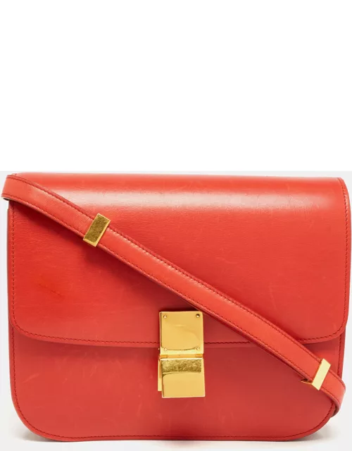 Celine Coral Red Leather Medium Classic Box Shoulder Bag