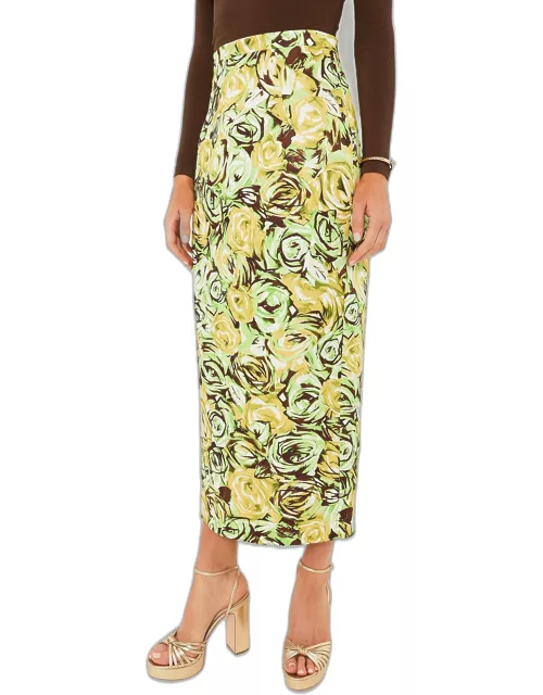 Green and Lemon Abstract Roses Lorelei Twill Skirt